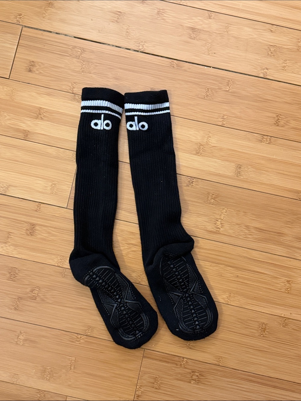ALO Yoga Black Knee-High Athletic Socks with White Logo Stripes